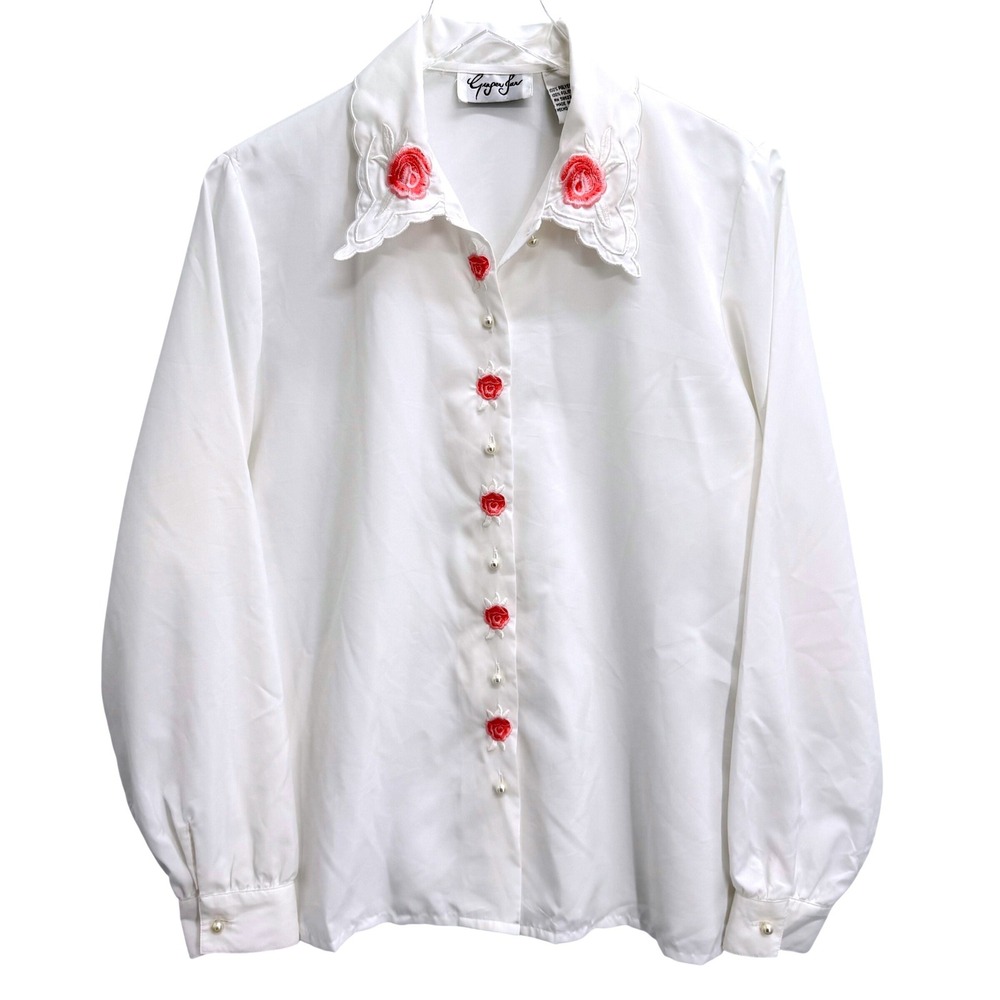 Vintage White Embroidered Rose Pearl Button Blouse Size 14 Victorian Feminine